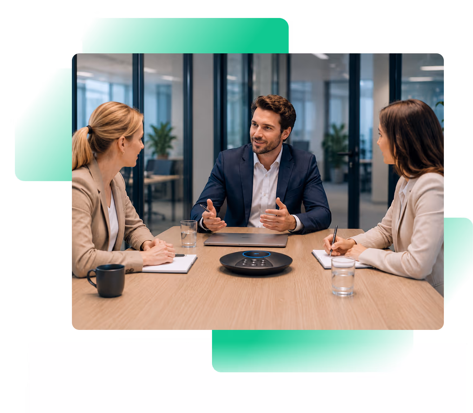 Three business professionals having a meeting around a table with a speakerphone and notebooks.