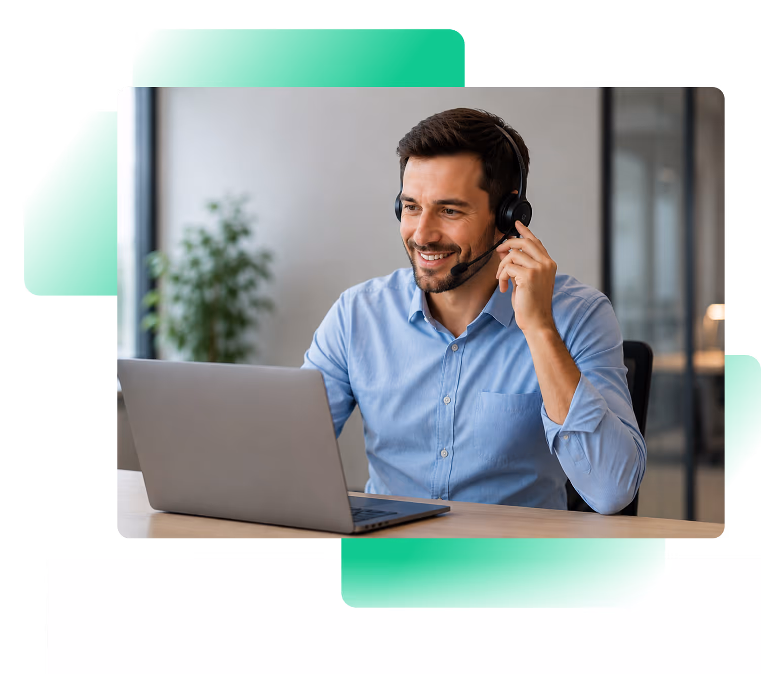 Three business professionals having a meeting around a table with a speakerphone and notebooks.