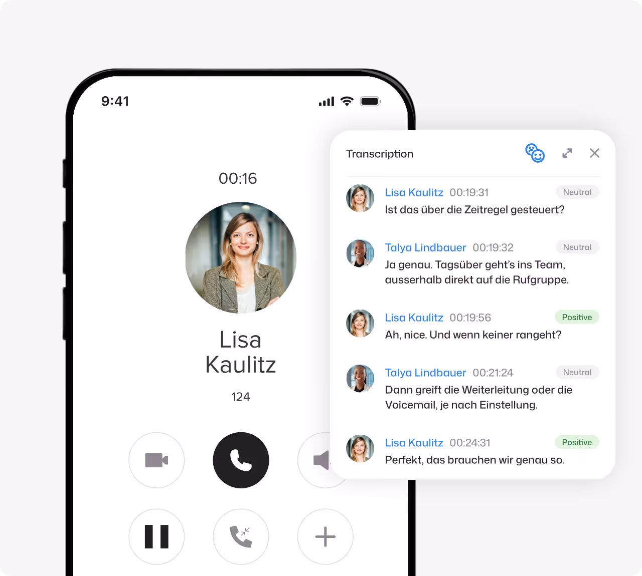Mobile app showing colleagues status list with call interface and call forwarding to Lisa Kaulitz.