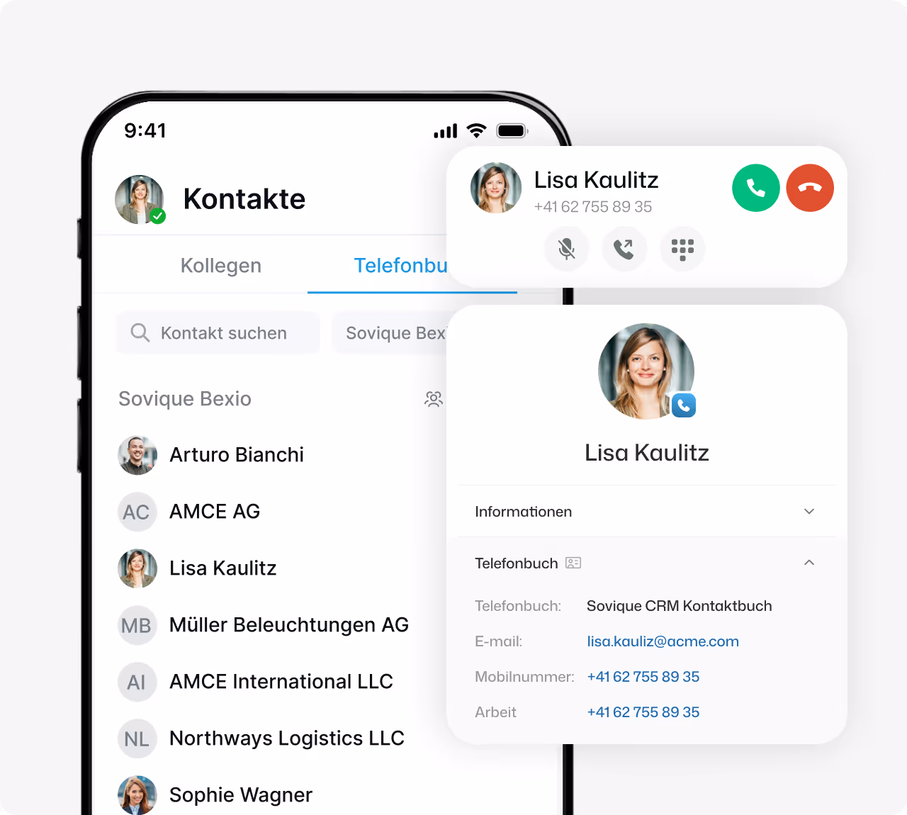 Mobile app showing colleagues status list with call interface and call forwarding to Lisa Kaulitz.