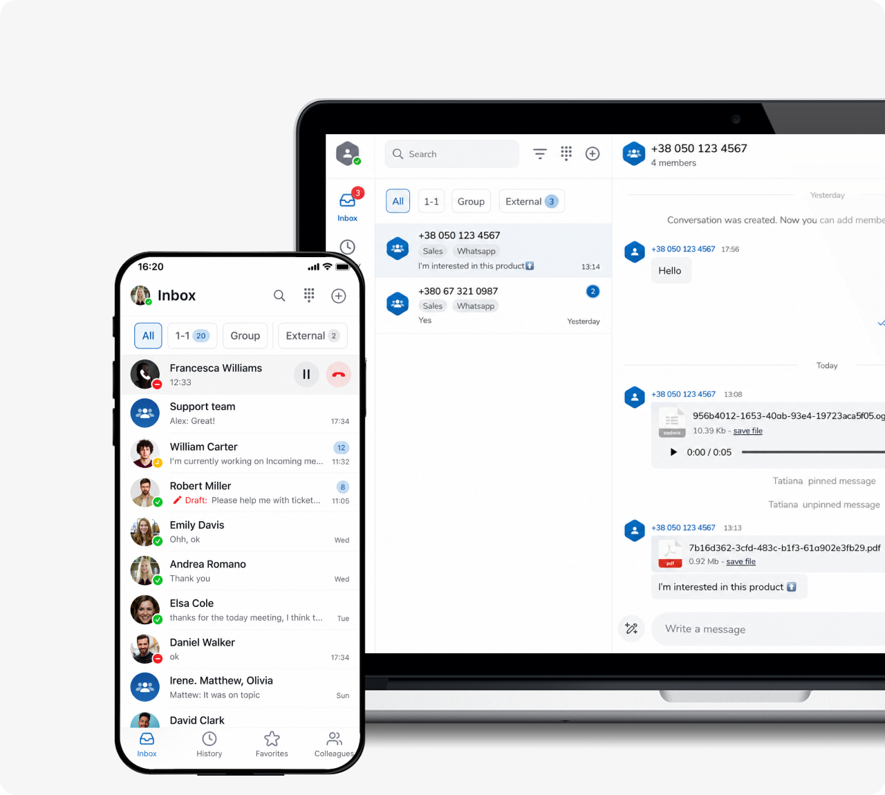 Mobile app showing colleagues status list with call interface and call forwarding to Lisa Kaulitz.
