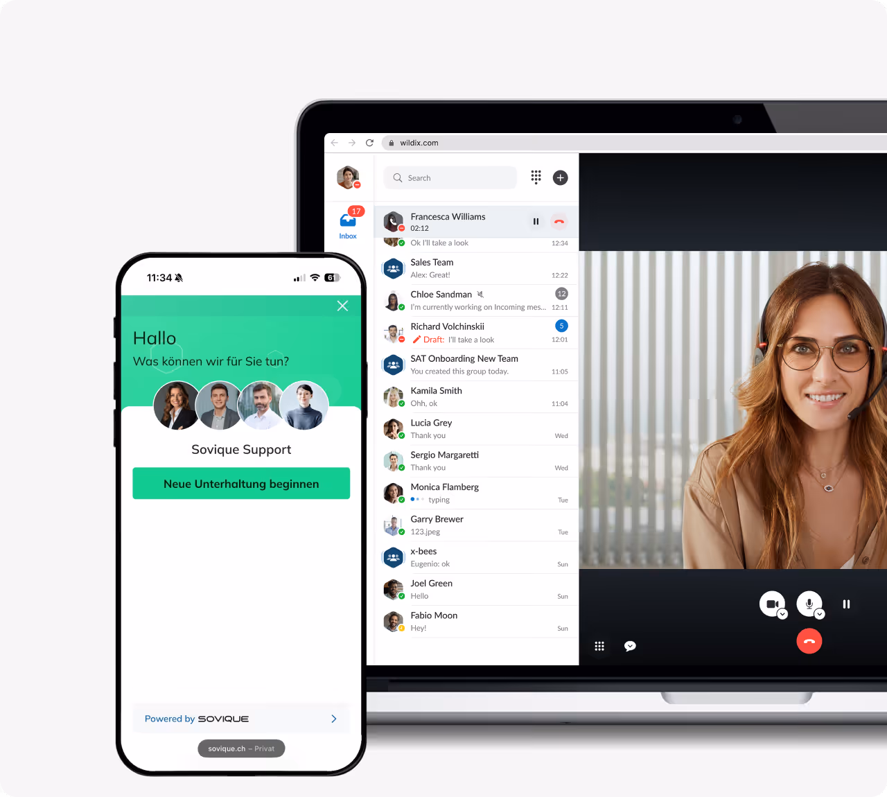 Mobile app showing colleagues status list with call interface and call forwarding to Lisa Kaulitz.