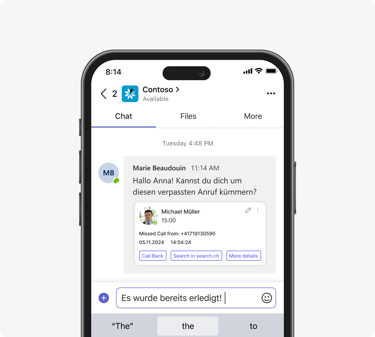 Mobile app showing colleagues status list with call interface and call forwarding to Lisa Kaulitz.