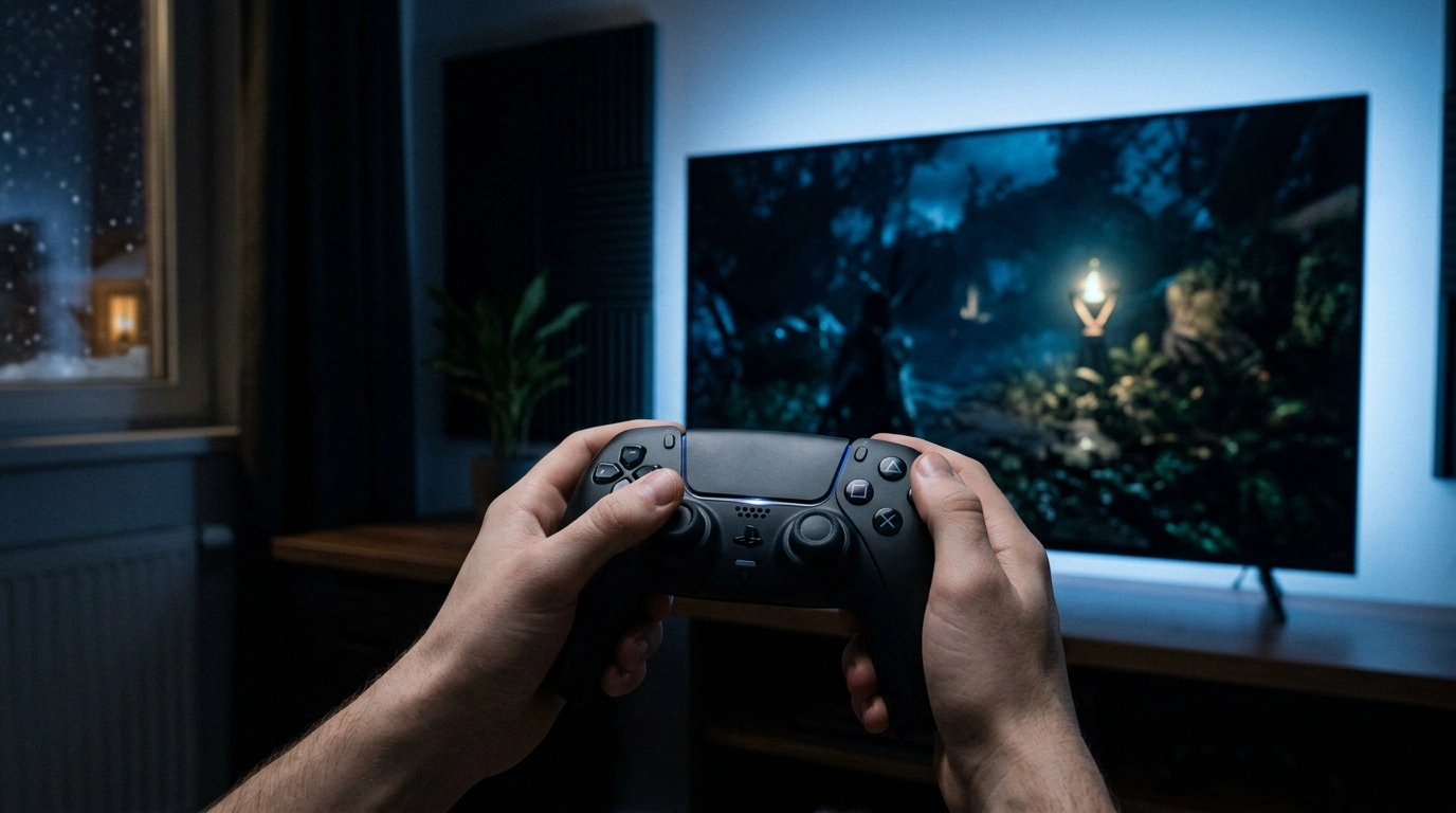 First-person perspective of hands holding a gaming controller, a dark room with only the soft blue light from the screen illuminating the scene, minimal setup, modern clean aesthetic