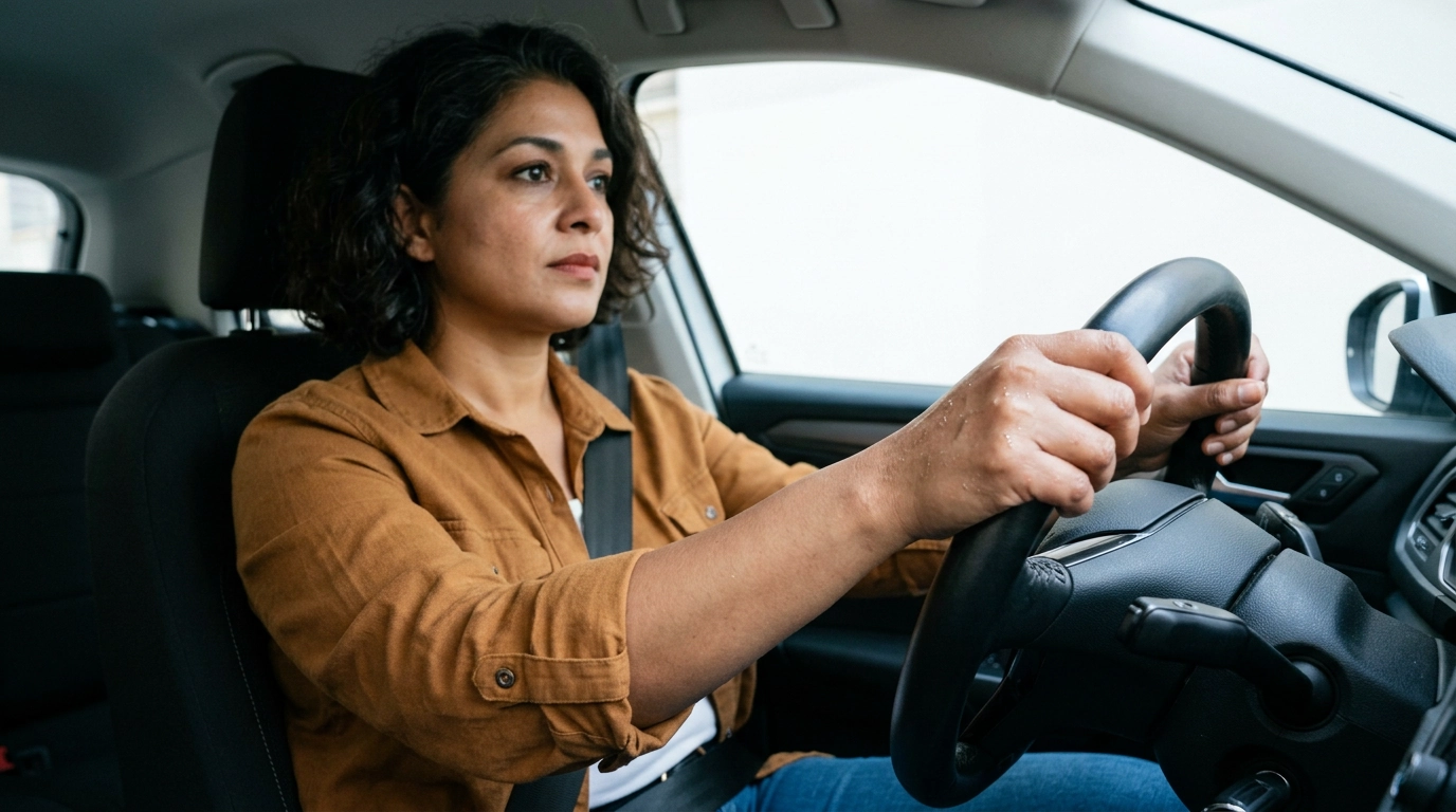 First-person perspective of hands gripping a steering wheel, subtle moisture on hands, clean modern car interior, natural daylight, minimal composition, focus on hands