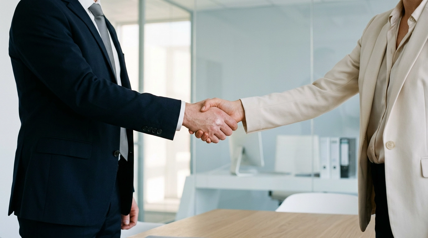 Professional office scene with handshake moment, subtle tension in hands, clean modern workspace,