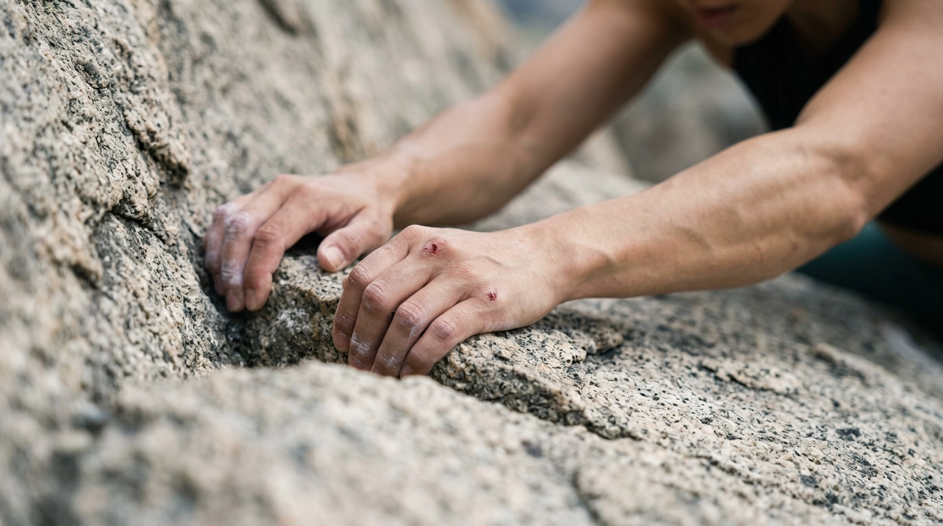 Close-up of climber’s hands gripping rock surface, detailed skin texture
