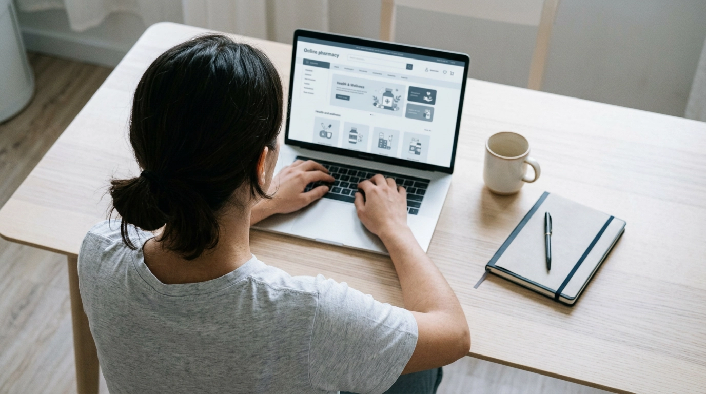 Top-down view Person sitting infront of a laptop showing an online pharmacy interface (no visible text), clean desk setup