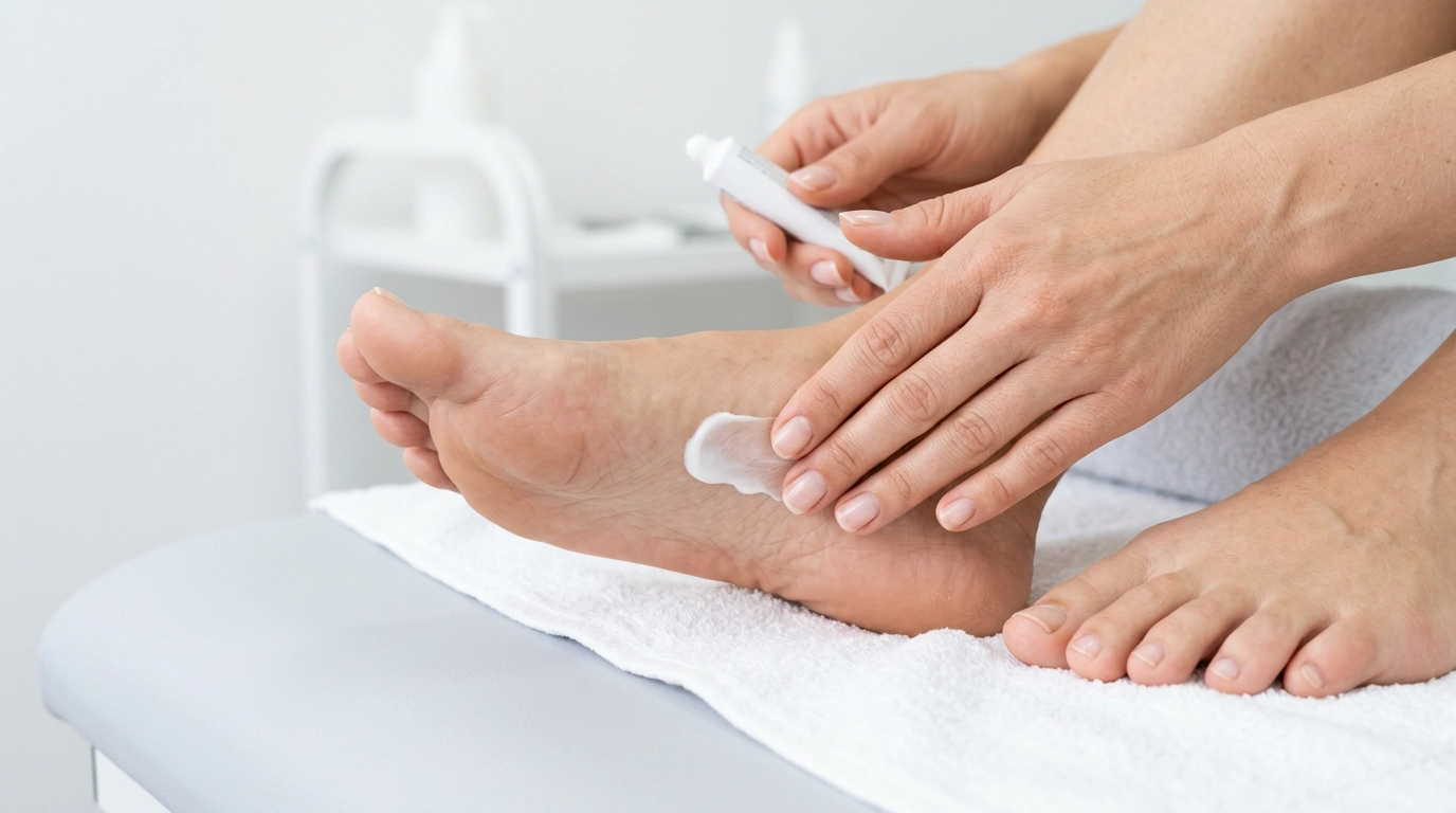 Close-up of hand applying medical cream on the feet, clean dermatology context