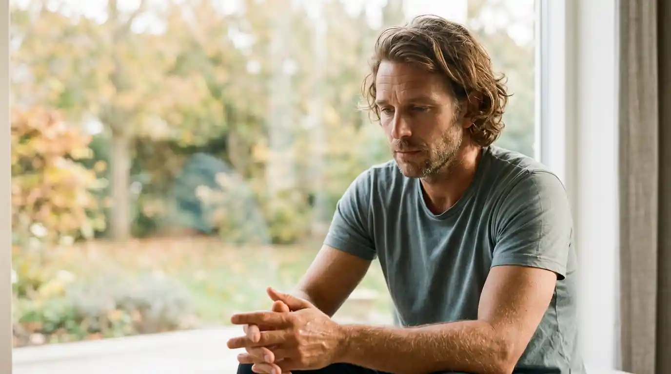 A calm, introspective scene showing a person sitting by a window or in a quiet room, appearing thoughtful or slightly concerned. Subtle hint of the condition (e.g., holding hands together, slight moisture, but very understated). Soft natural light creating a gentle, emotional mood. Minimalist environment with lots of negative space. Color palette in soft neutrals