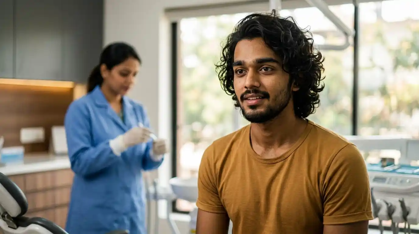 A professional but approachable medical setting: a close-up of a doctor preparing a treatment (e.g., holding a syringe or explaining a procedure), with the patient slightly visible but out of focus. No needles in skin, no invasive or uncomfortable visuals. The atmosphere is calm and trustworthy. Soft, diffused lighting, modern clinic interior with minimal design
