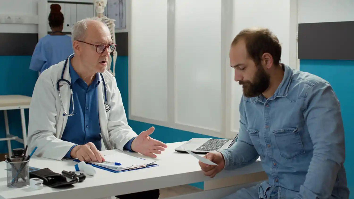 A professional but approachable medical setting: a close-up of a doctor preparing a treatment, with the patient slightly visible but out of focus.