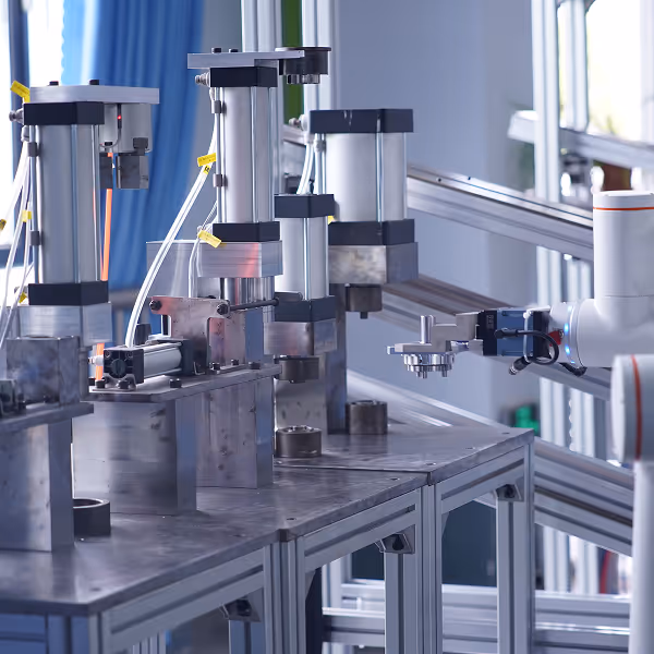 Robotic arm with gripper interacting with automated machinery on a metal workbench in a modern industrial setting.