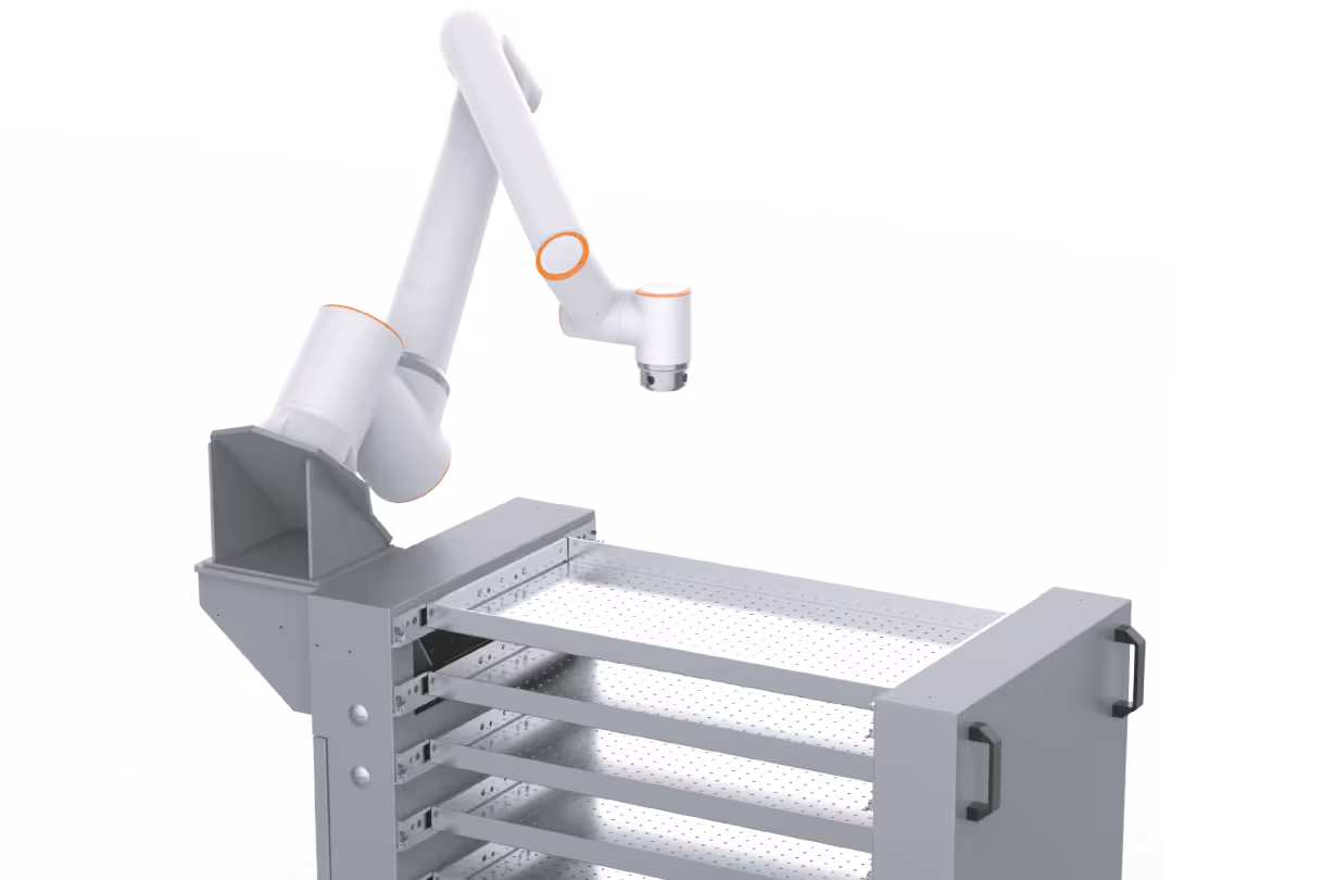 White robotic arm mounted on a gray industrial machine with multiple horizontal shelves.