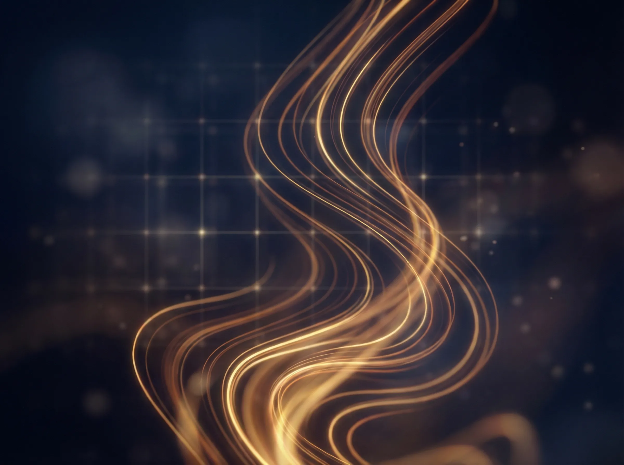 Golden light trails flowing in smooth, wavy lines against a dark background with a subtle grid pattern and glowing particles.