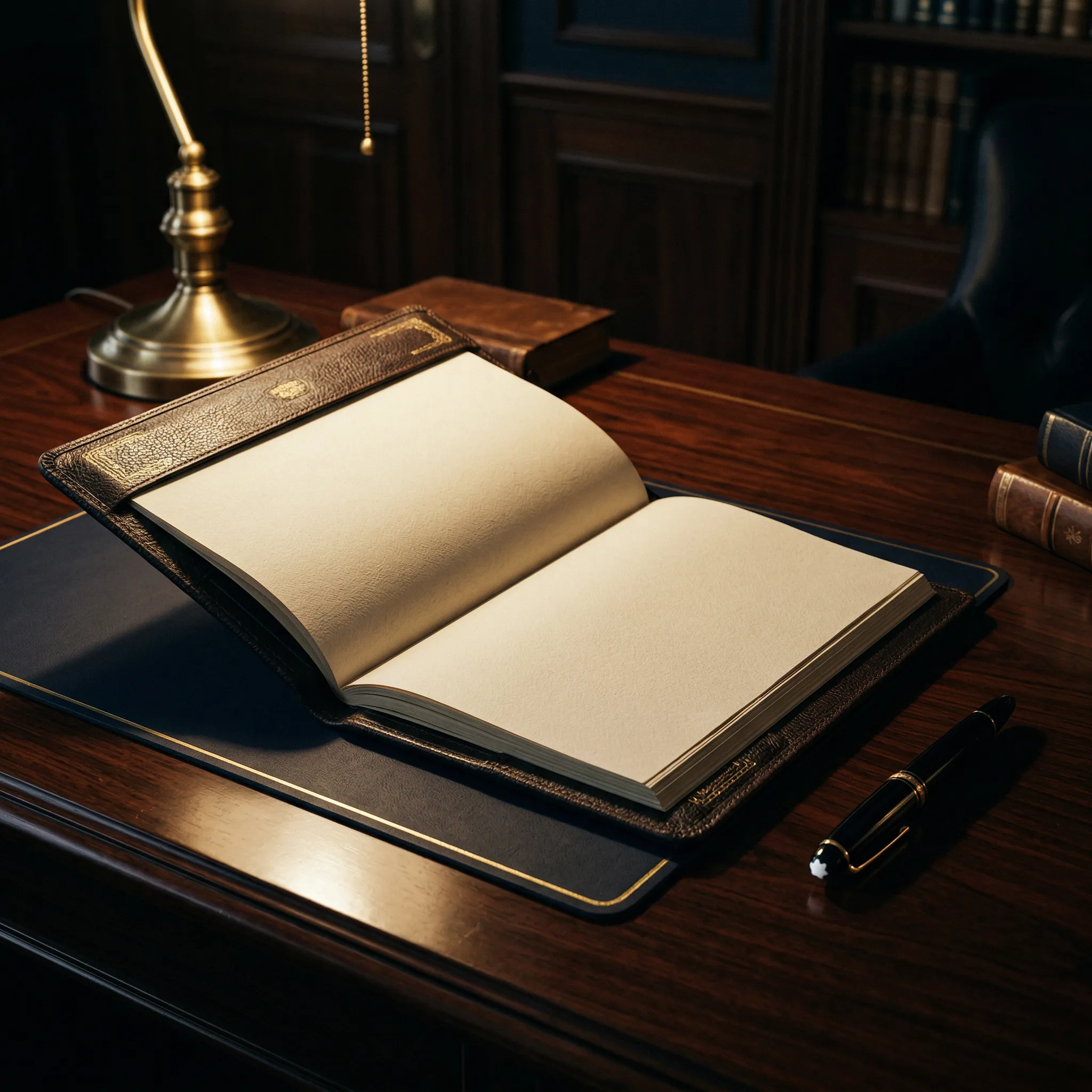 Open blank book with a leather cover on a polished wooden desk next to a black fountain pen and a brass desk lamp.