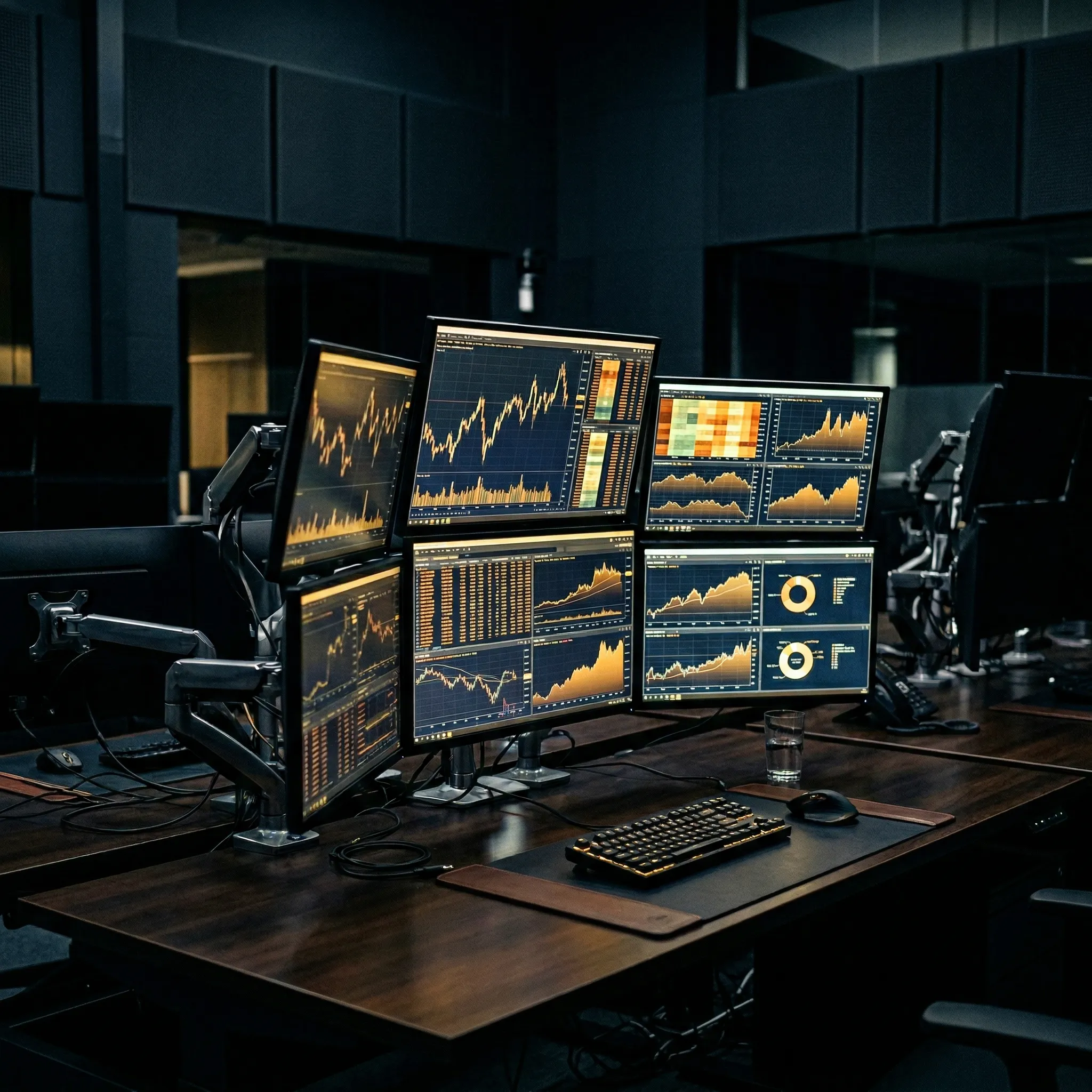 Dark office setup with six monitors displaying various orange and yellow financial charts and graphs on a wooden desk with keyboard, mouse, and a glass of water.