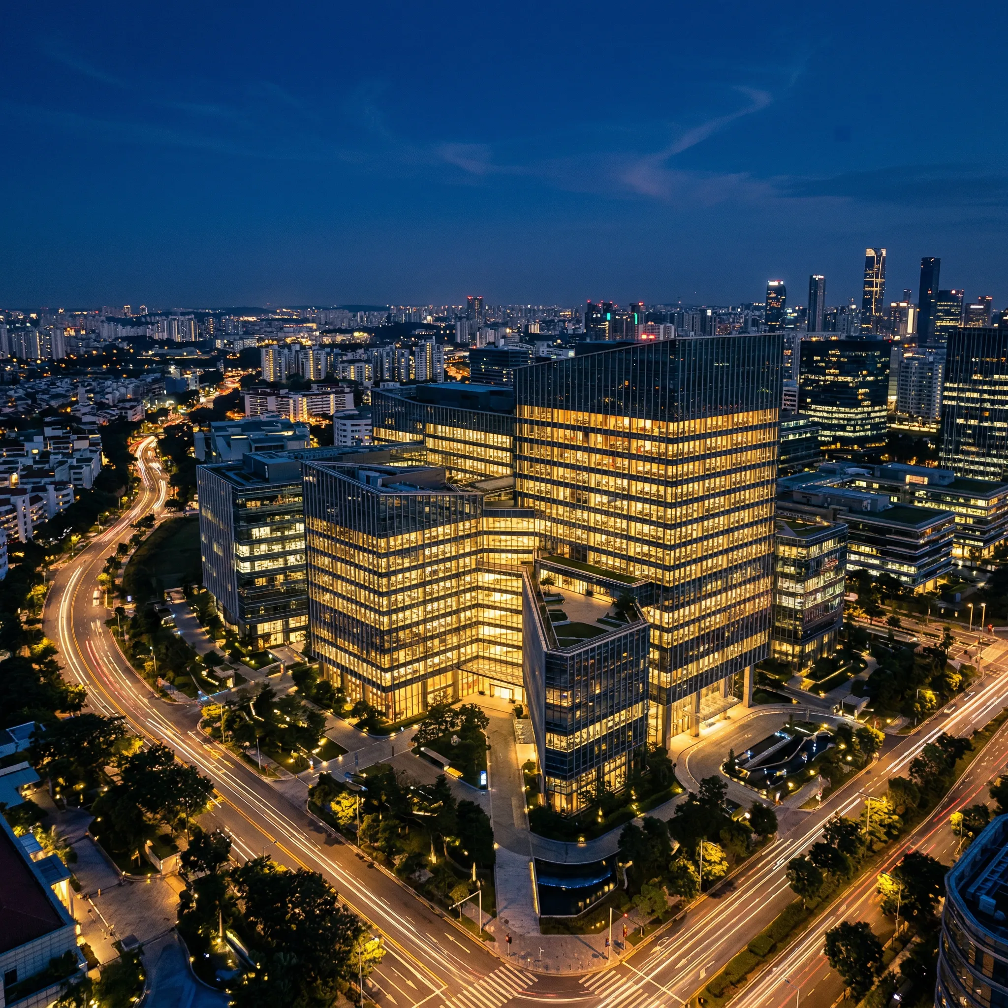 Aerial night view of a cityscape featuring illuminated modern glass office buildings surrounded by busy roads with light trails from vehicles.