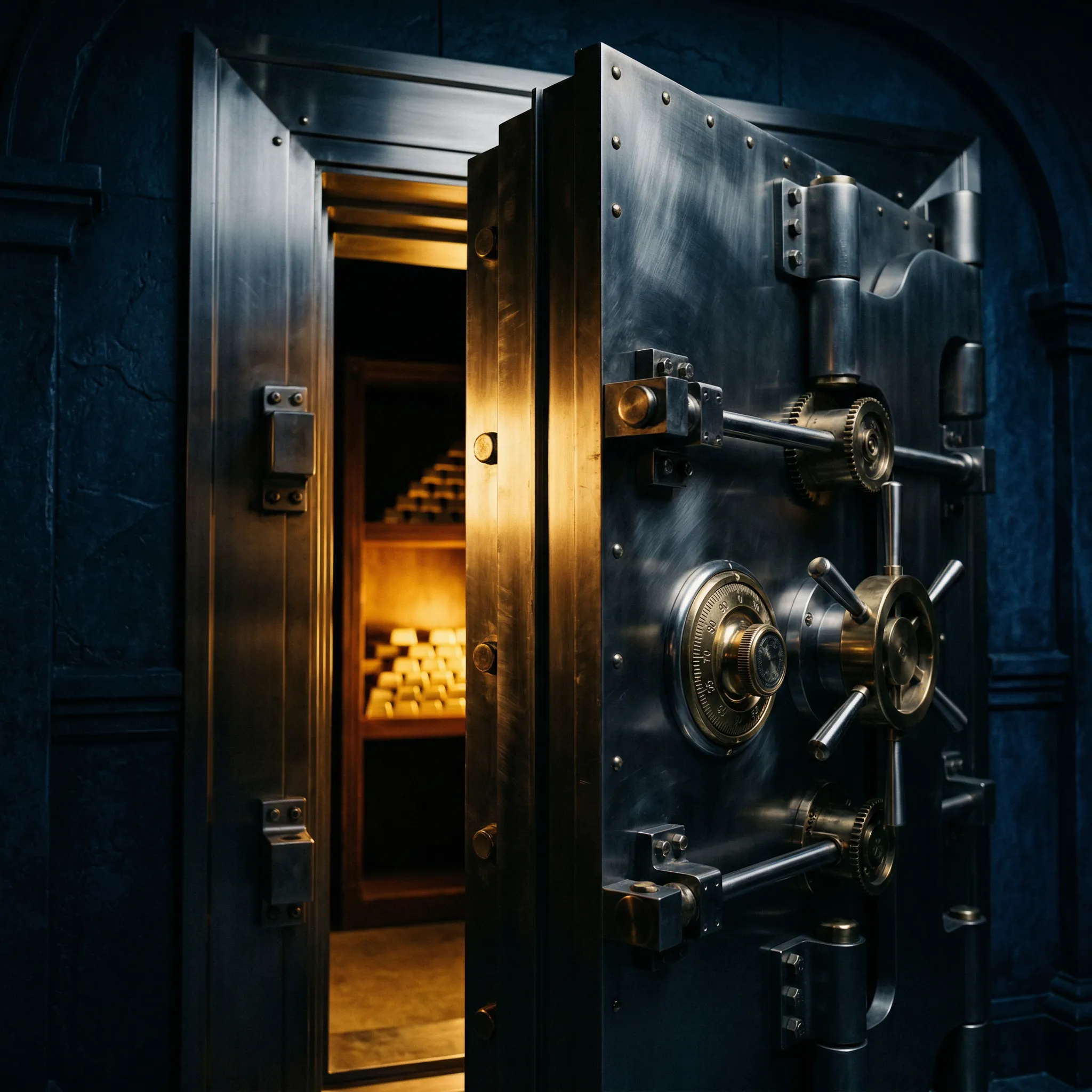 Open heavy steel bank vault door with shelves of gold bars inside.