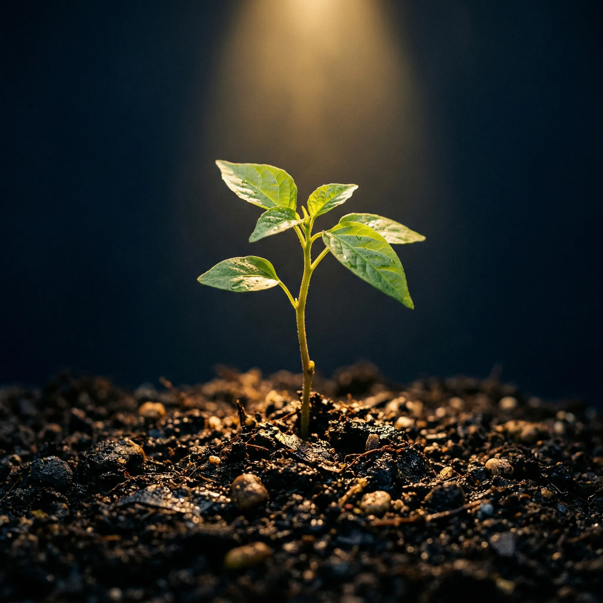 Young green plant sprouting from rich soil illuminated by a focused warm light against a dark background.