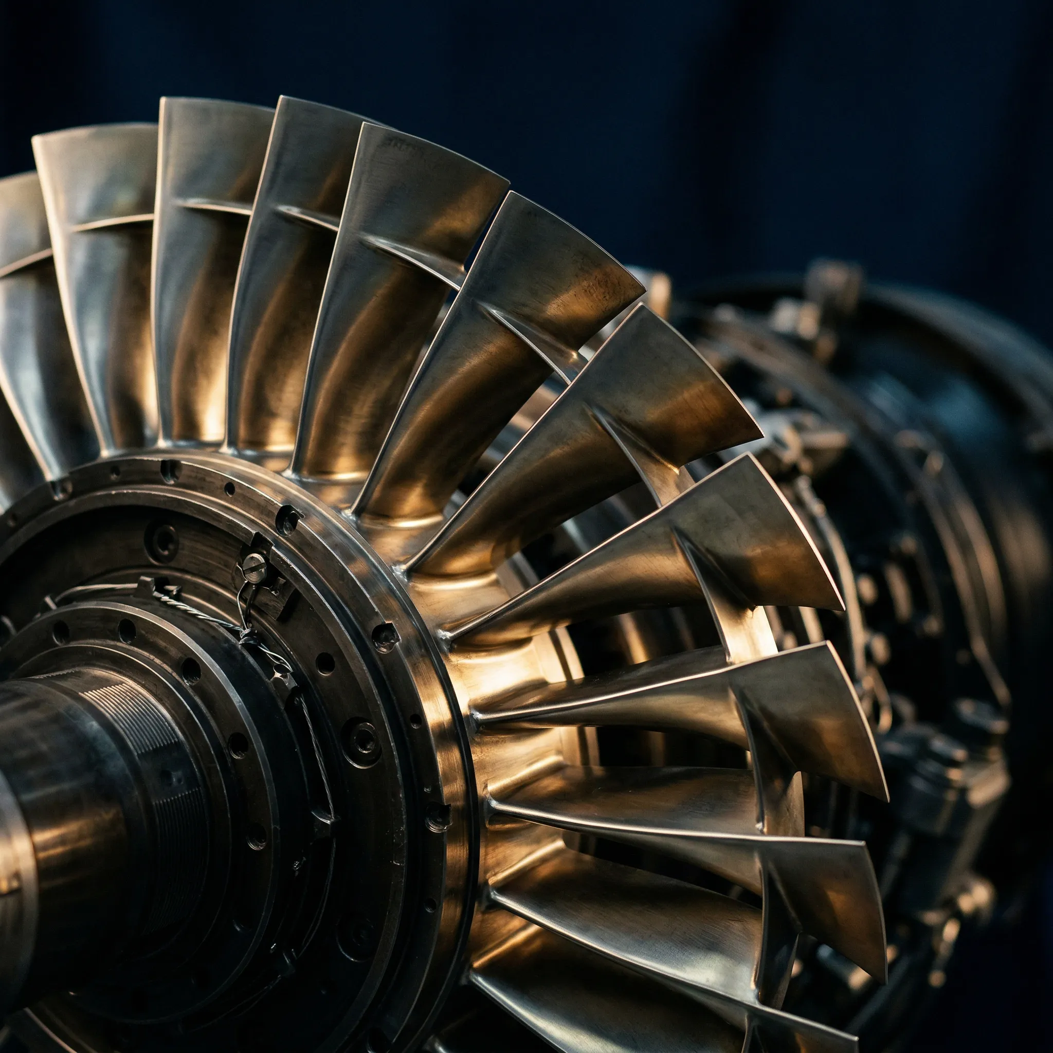 Close-up of a metallic turbine engine with curved blades arranged in a circular pattern.