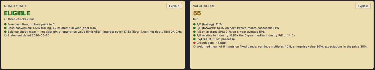 Quality gate and value score panels from the Wealth Max research platform