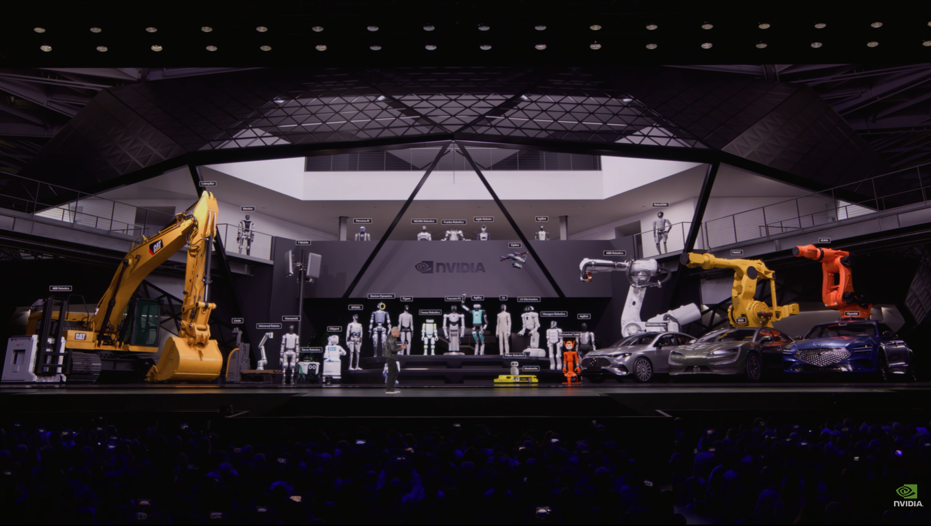  Figure 3: Robots, autonomous vehicles, and industrial heavy machinery gathered on the keynote stage (Source: GTC 2026 Keynote) 