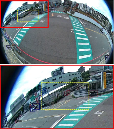 Figure 1. An example of sliced inference. The region corresponding to the red box in the above image is resized to match the model's input size (as shown in the bottom image) before being inputted. As a result, the small objects within the yellow box are greatly enlarged, allowing the model to detect the target objects more accurately.