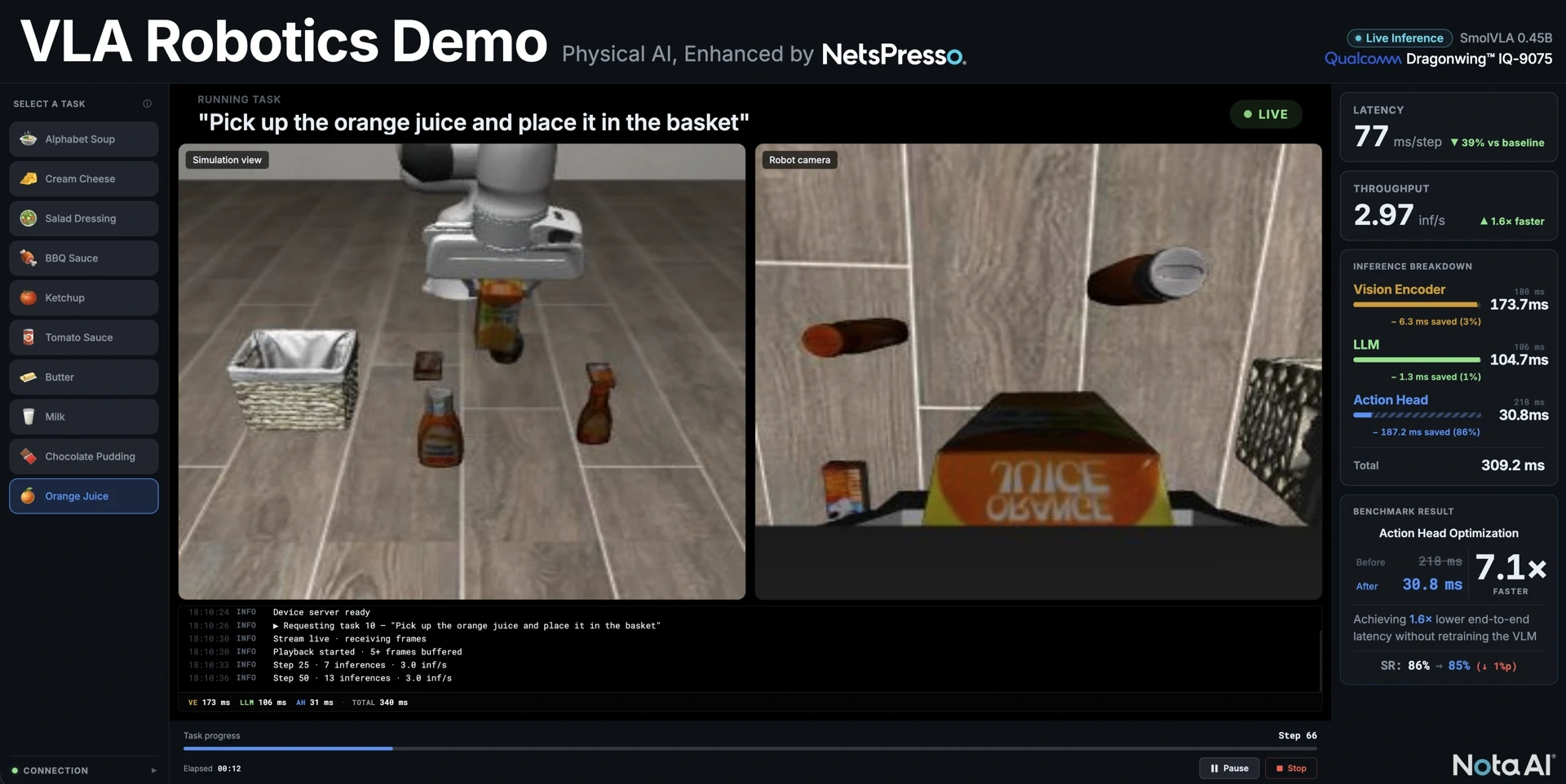 Figure 1: A live VLA robotics demo running SmolVLA on the Qualcomm IQ-9075