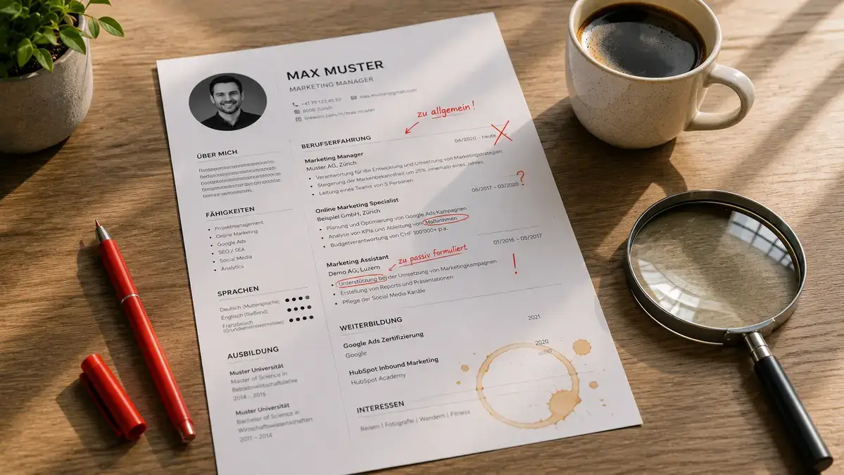 Ausgedruckter Lebenslauf mit roten Korrekturen liegt neben Lupe, Stiften und Kaffeetasse