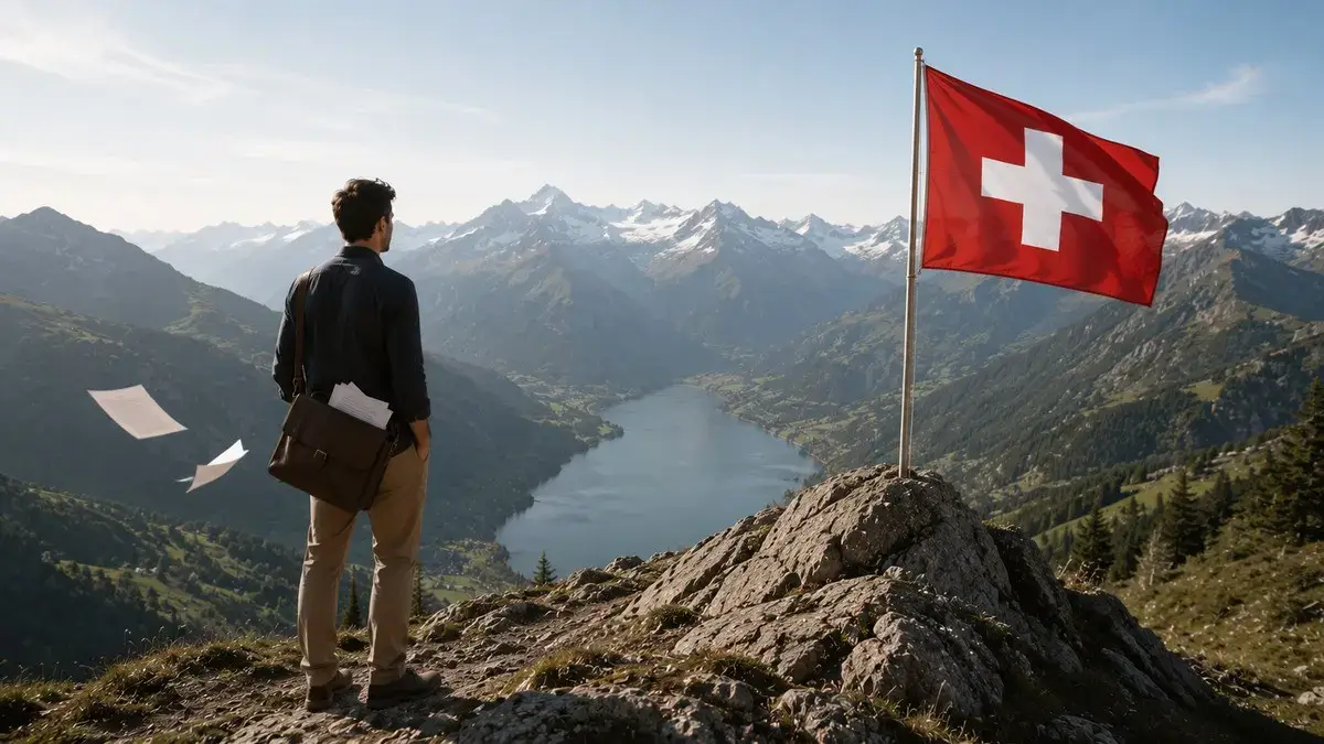 Person steht neben einer Schweizer Flagge auf einem Berg und blickt ins Tal