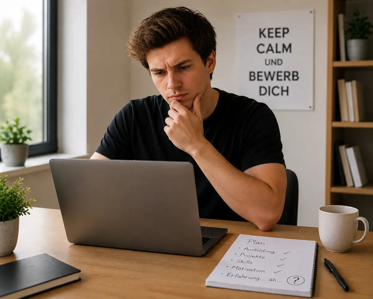 Nachdenklicher junger Mann sitzt mit Laptop und Notizblock an einem Tisch