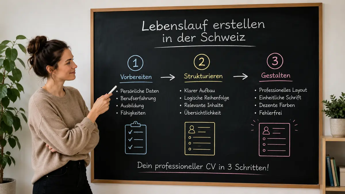 Frau zeigt auf eine Tafel mit drei Schritten zur Erstellung eines Lebenslaufs