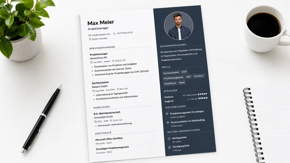 Zweispaltiger Lebenslauf mit Bewerbungsfoto liegt neben Stift, Notizbuch und Kaffeetasse auf einem Tisch