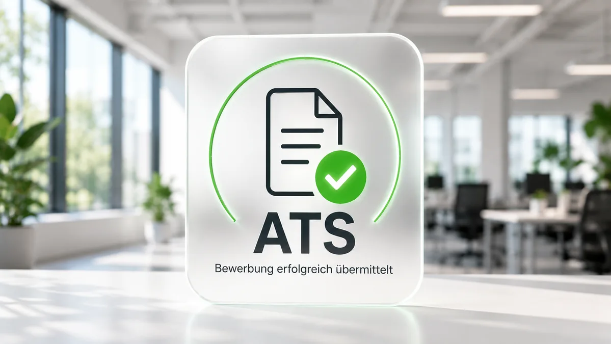 Symbol eines Dokuments mit Häkchen und dem Schriftzug ATS vor einem Büro