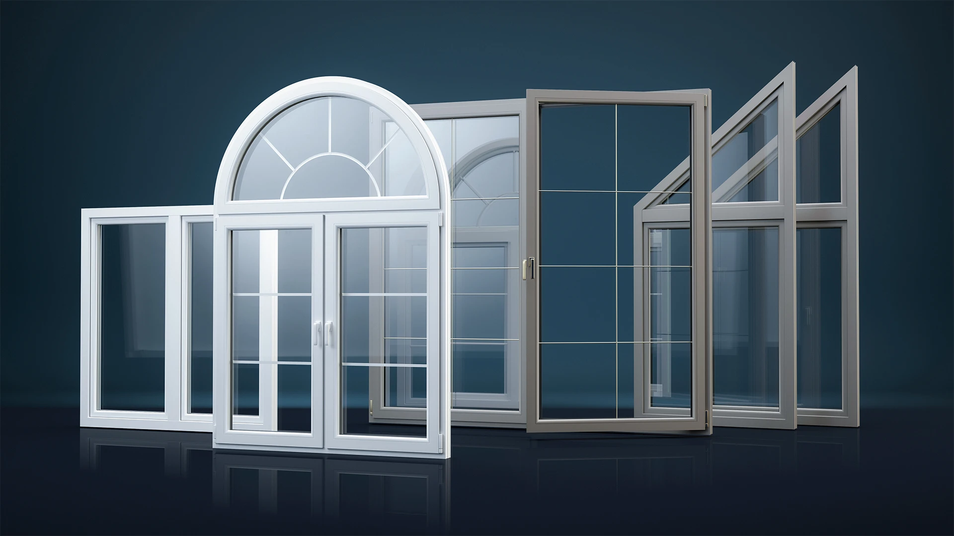 Mehrere moderne Fenster mit unterschiedlichen Rahmenformen und Teilungen vor dunkelblauem Hintergrund.