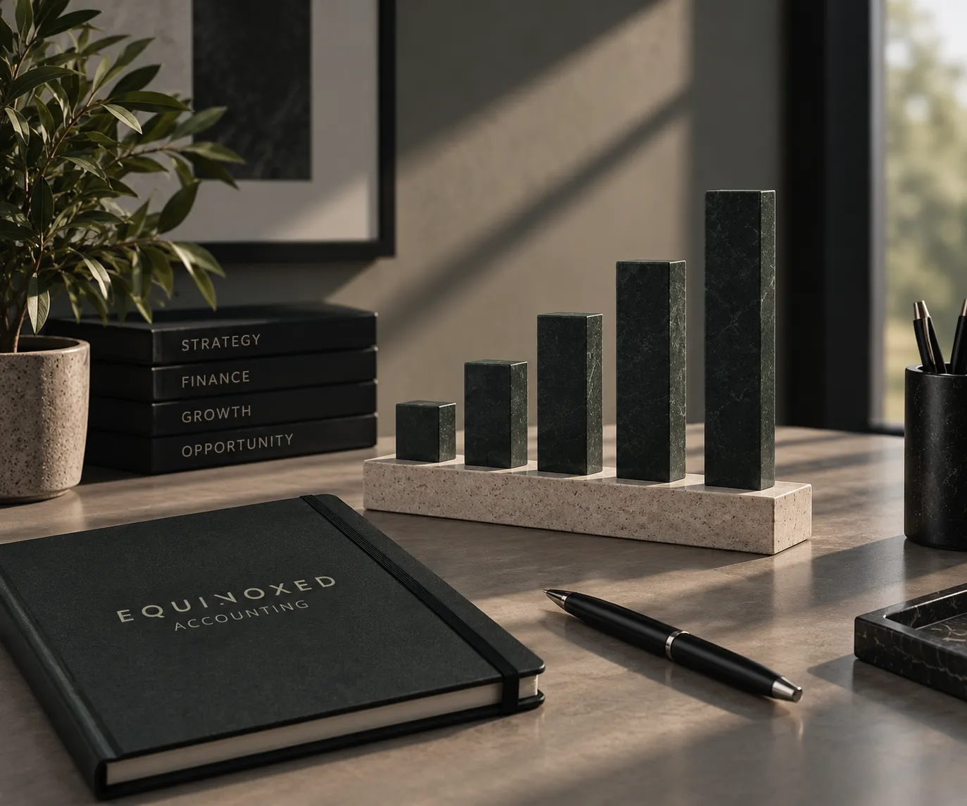 Desktop monitor on a wooden desk displaying a financial forecasting dashboard with green bar graphs, line charts, and metrics including driven growth at +42.5% and projected revenue of 684,000, with a closed black notebook labeled EQUINOXED and a pen beside it.