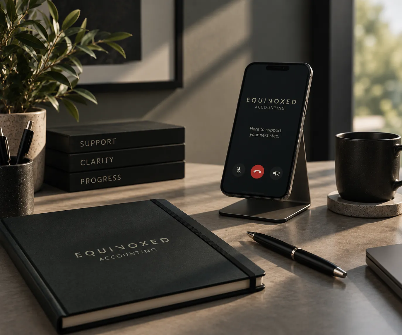 Modern workspace tabletop with a black notebook labeled EQUINOXED with a pen on top, a smartphone on a metallic stand showing a calendar app with events titled Strategy Session and Dedicated Support, and a pair of wireless earbuds in an open charging case next to one earbud outside the case.