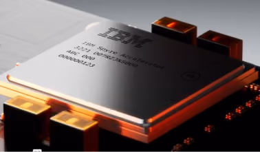 Close-up of IBM z15 SoC CPU chip on a circuit board with glowing orange highlights.