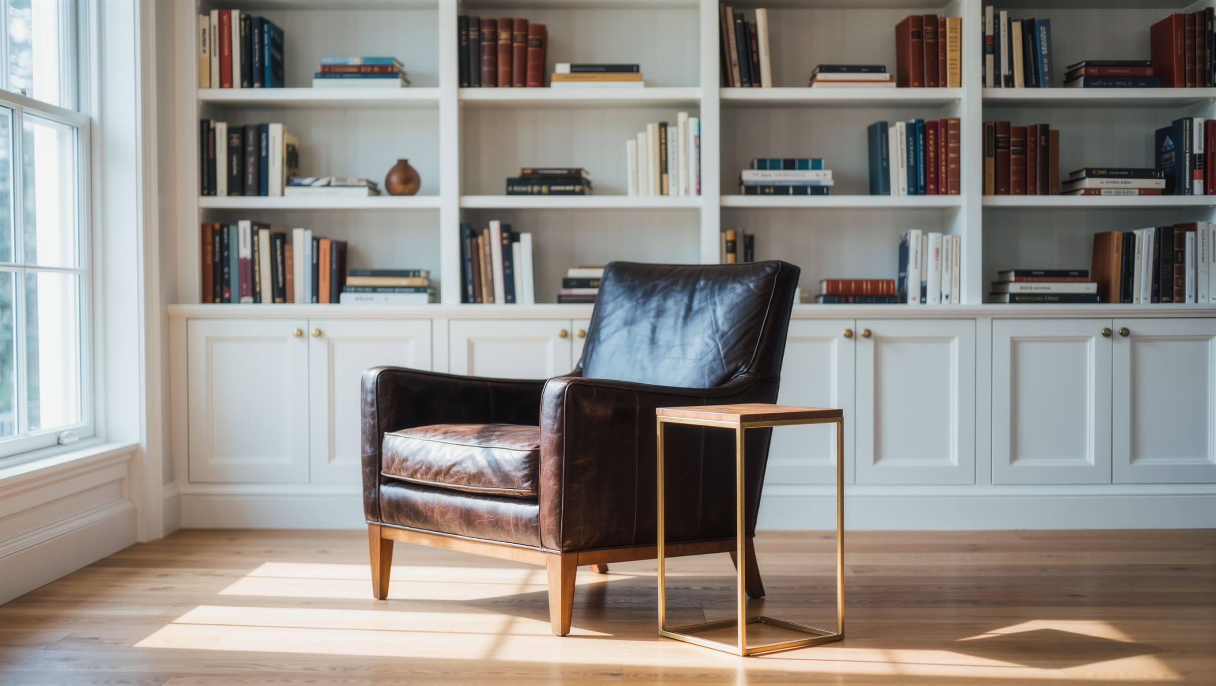 Calm home study with built-in shelving and a reading armchair in soft daylight