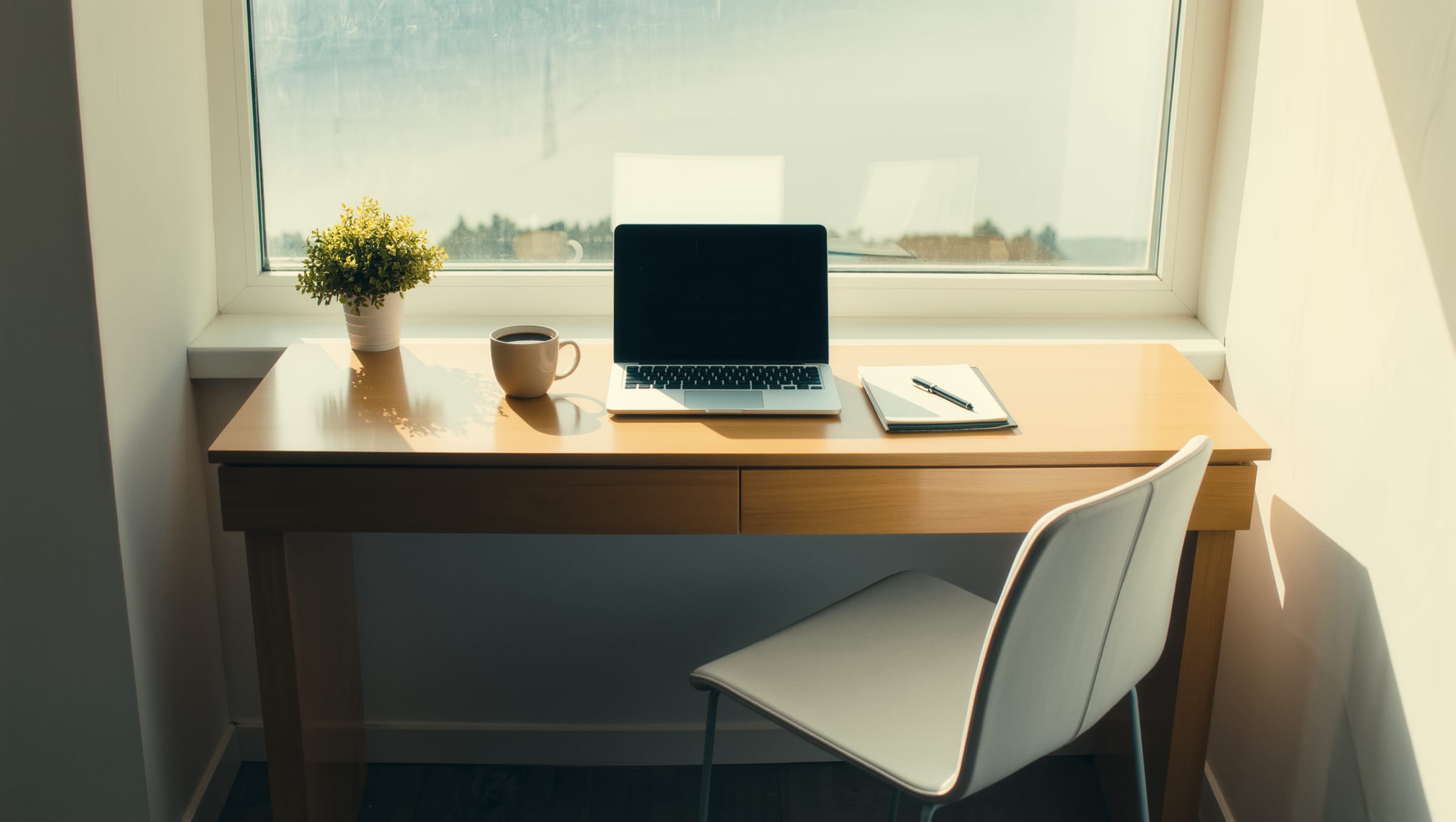 Tidy home office desk beside a bright window with a laptop and notebook