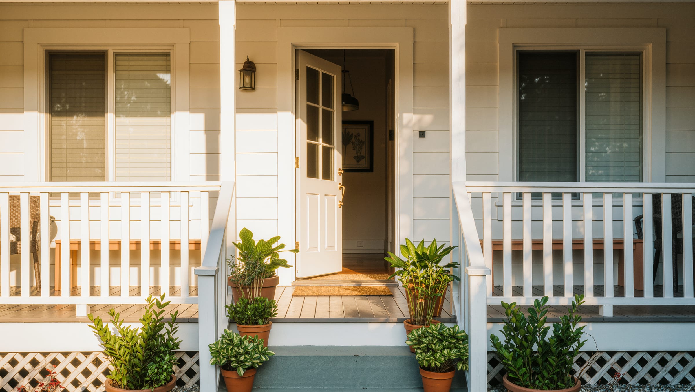 Welcoming front porch of a suburban home with an open front door in morning light