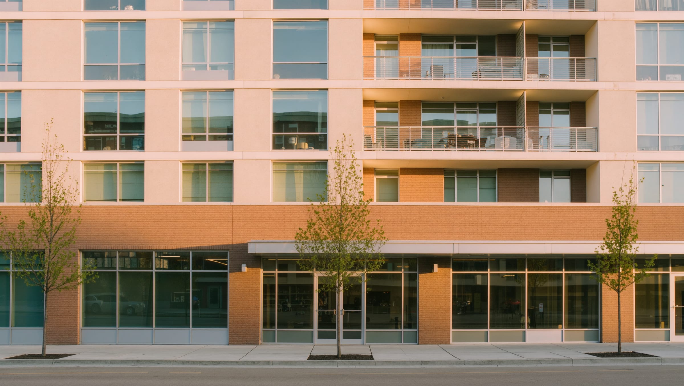 Mid-rise mixed-use brick and glass building with ground floor retail at golden hour
