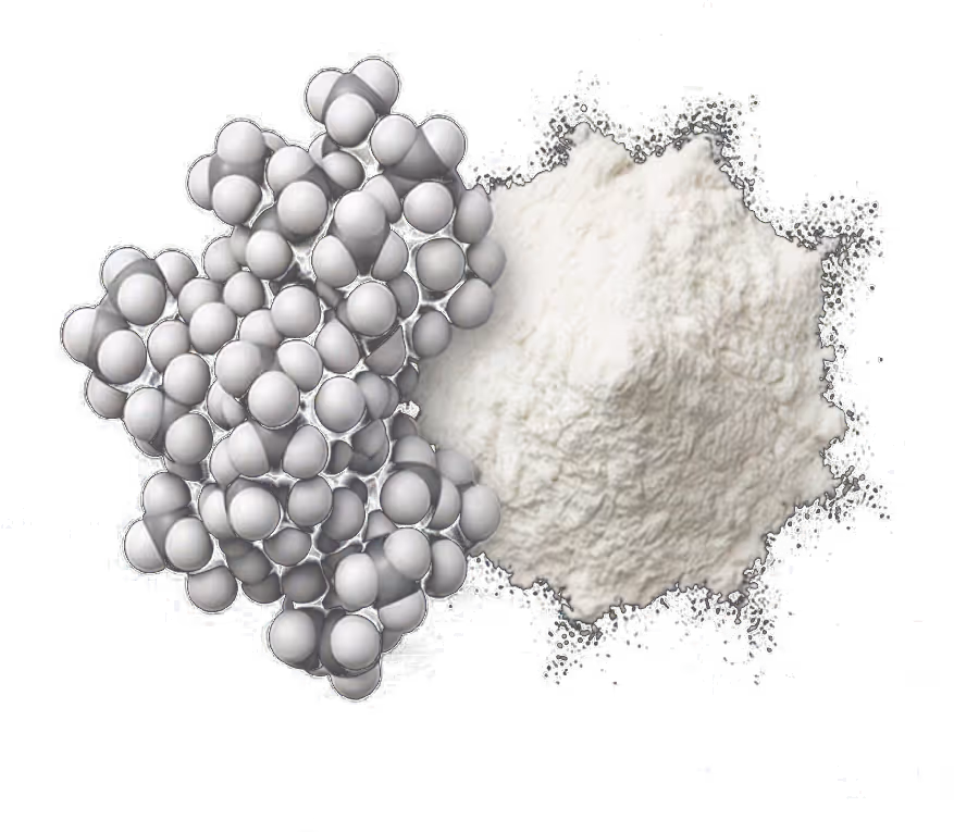 3D molecular model beside a pile of white powder on a black background.