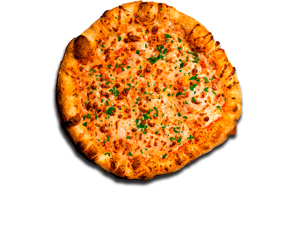 Whole baked cheese pizza topped with melted mozzarella and sprinkled with chopped parsley.