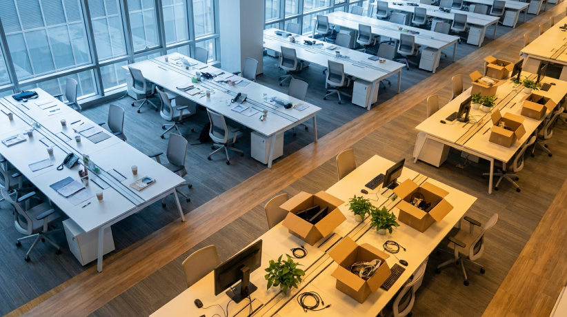 Open-plan engineering office seen from above — workforce recomposition after the 2026 AI layoffs