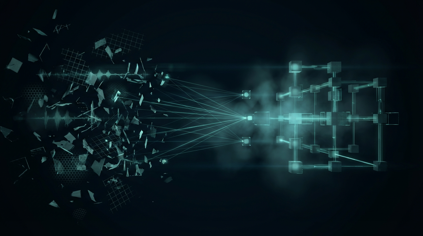 Scattered data fragments converging into a structured network — healthcare AI moving from pilot to production