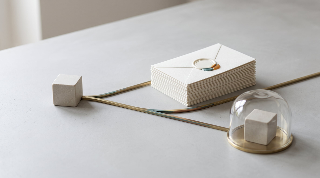 Two brass rails diverge from a single stone cube: one leads to a tall stack of sealed certificate envelopes, the other to a matching cube kept under a glass dome inside its own boundary