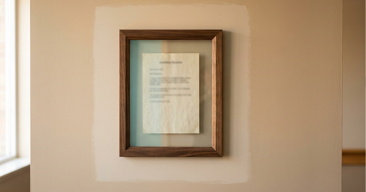 A framed certificate on a care home wall, surrounded by a lighter rectangle of unfaded paint showing how long it has hung there.