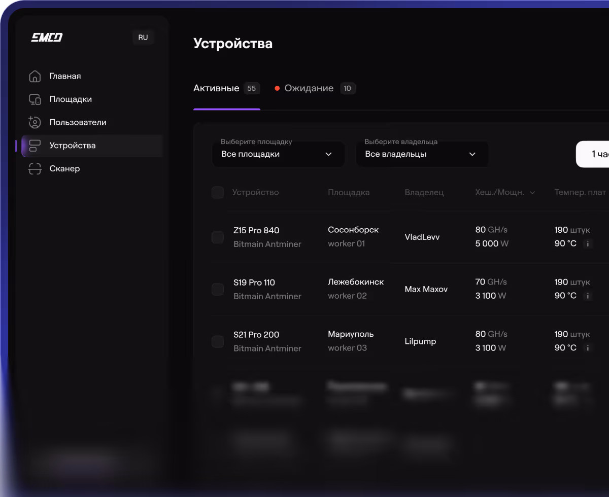 Интерфейс панели управления с разделом 'Устройства', показывающий список активных устройств Bitmain Antminer с данными о площадке, владельце, мощности и температуре.